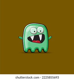 Funny cute smiling green ghost monster isolated on brown background. Ghost cartoon character and cute emoji. Halloween spirit element.