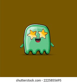 Funny cute smiling green ghost monster isolated on brown background. Ghost cartoon character and cute emoji. Halloween spirit element.