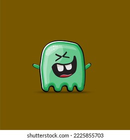 Funny cute smiling green ghost monster isolated on brown background. Ghost cartoon character and cute emoji. Halloween spirit element.
