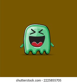 Funny cute smiling green ghost monster isolated on brown background. Ghost cartoon character and cute emoji. Halloween spirit element.