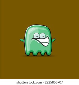 Funny cute smiling green ghost monster isolated on brown background. Ghost cartoon character and cute emoji. Halloween spirit element.
