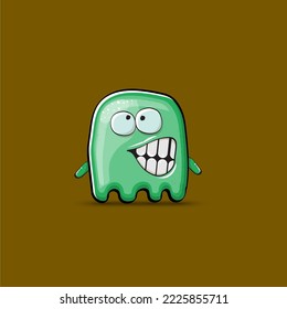 Funny cute smiling green ghost monster isolated on brown background. Ghost cartoon character and cute emoji. Halloween spirit element.