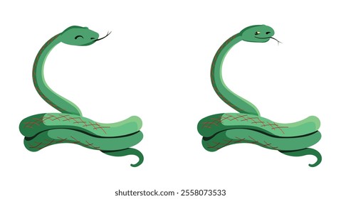 Funny cute smiling green snake with closed and opened eyes. Simple flat vector illustration in cartoon style.