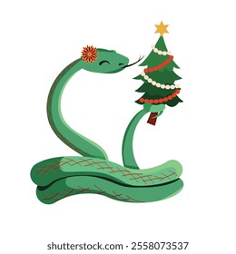 Funny cute smiling green snake holding Christmas tree. New Year, Christmas. Symbol of year 2025. The head of a snake is decorated by a flower. Simple illustration in cartoon style.