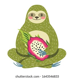 Funny and cute smiling green Three-toed sloth relax, sits and holds fruit. Isolated on white background. Kids vector Illustration. Caribbean, fauna.