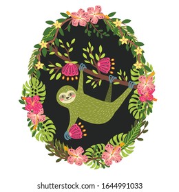 Funny and cute smiling green Three-toed sloth on  branch. Beautiful print with plants and flowers on a dark background. Oval vector book illustration