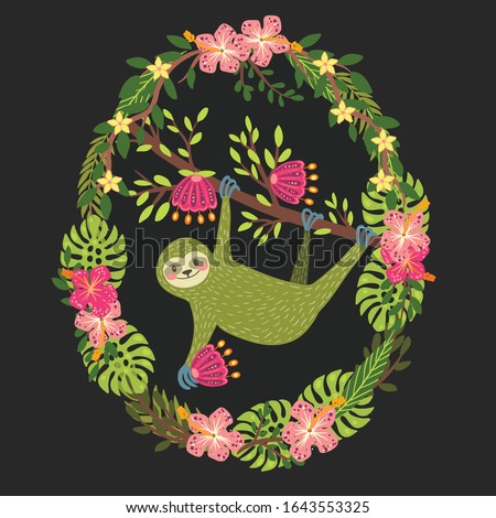 Funny and cute smiling green Three-toed sloth on  branch. Beautiful print with plants and flowers on a dark background. Square book illustration for children.