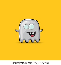 Funny cute smiling grey ghost monster isolated on orange background. Ghost cartoon character and cute emoji. Halloween spirit element.