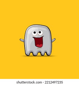 Funny cute smiling grey ghost monster isolated on orange background. Ghost cartoon character and cute emoji. Halloween spirit element.