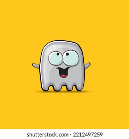 Funny cute smiling grey ghost monster isolated on orange background. Ghost cartoon character and cute emoji. Halloween spirit element.