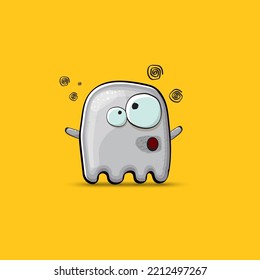 Funny cute smiling grey ghost monster isolated on orange background. Ghost cartoon character and cute emoji. Halloween spirit element.