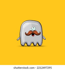 Funny cute smiling grey ghost monster isolated on orange background. Ghost cartoon character and cute emoji. Halloween spirit element.