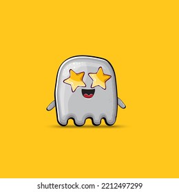 Funny cute smiling grey ghost monster isolated on orange background. Ghost cartoon character and cute emoji. Halloween spirit element.