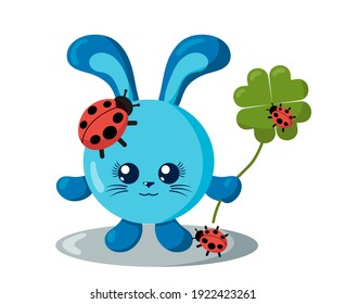 Funny cute smiling hare or rabbit with round body and ladybugs holding four-leaf good luck clover in flat design with shadows. Isolated animal vector illustration