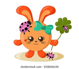 Funny cute smiling hare or rabbit with round body and ladybugs holding four-leaf good luck clover in flat design with shadows. Isolated animal vector illustration	