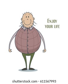 Funny cute smiling man in a violescent waistcoat with curly beard and thin hair