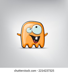 Funny cute smiling orange ghost monster isolated on grey background. Hand drawn cartoon ghost character with eyes and mouth , cute emoji. Halloween spirit element.