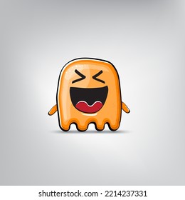 Funny cute smiling orange ghost monster isolated on grey background. Hand drawn cartoon ghost character with eyes and mouth , cute emoji. Halloween spirit element.