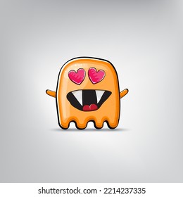 Funny cute smiling orange ghost monster isolated on grey background. Hand drawn cartoon ghost character with eyes and mouth , cute emoji. Halloween spirit element.