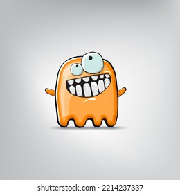 Funny cute smiling orange ghost monster isolated on grey background. Hand drawn cartoon ghost character with eyes and mouth , cute emoji. Halloween spirit element.