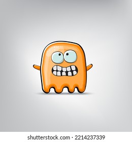 Funny cute smiling orange ghost monster isolated on grey background. Hand drawn cartoon ghost character with eyes and mouth , cute emoji. Halloween spirit element.