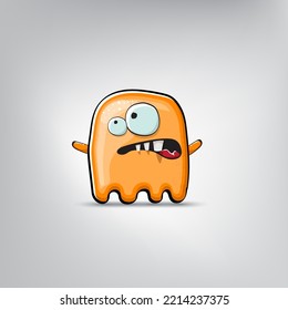 Funny cute smiling orange ghost monster isolated on grey background. Hand drawn cartoon ghost character with eyes and mouth , cute emoji. Halloween spirit element.
