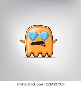 Funny cute smiling orange ghost monster isolated on grey background. Hand drawn cartoon ghost character with eyes and mouth , cute emoji. Halloween spirit element.