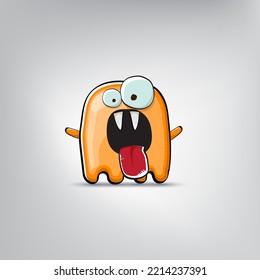 Funny cute smiling orange ghost monster isolated on grey background. Hand drawn cartoon ghost character with eyes and mouth , cute emoji. Halloween spirit element.