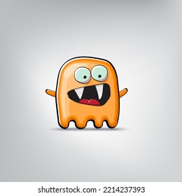 Funny cute smiling orange ghost monster isolated on grey background. Hand drawn cartoon ghost character with eyes and mouth , cute emoji. Halloween spirit element.