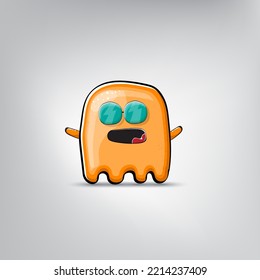 Funny cute smiling orange ghost monster isolated on grey background. Hand drawn cartoon ghost character with eyes and mouth , cute emoji. Halloween spirit element.