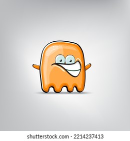 Funny cute smiling orange ghost monster isolated on grey background. Hand drawn cartoon ghost character with eyes and mouth , cute emoji. Halloween spirit element.