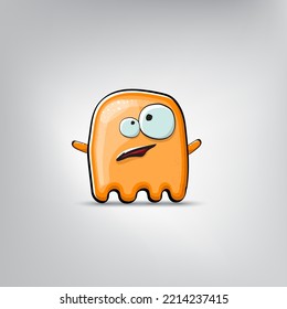 Funny cute smiling orange ghost monster isolated on grey background. Hand drawn cartoon ghost character with eyes and mouth , cute emoji. Halloween spirit element.