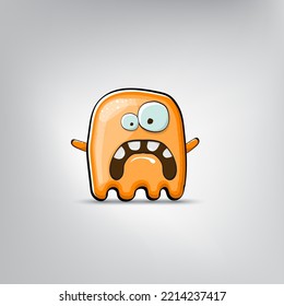 Funny cute smiling orange ghost monster isolated on grey background. Hand drawn cartoon ghost character with eyes and mouth , cute emoji. Halloween spirit element.