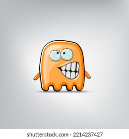 Funny cute smiling orange ghost monster isolated on grey background. Hand drawn cartoon ghost character with eyes and mouth , cute emoji. Halloween spirit element.