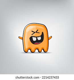 Funny cute smiling orange ghost monster isolated on grey background. Hand drawn cartoon ghost character with eyes and mouth , cute emoji. Halloween spirit element.
