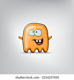 Funny cute smiling orange ghost monster isolated on grey background. Hand drawn cartoon ghost character with eyes and mouth , cute emoji. Halloween spirit element.