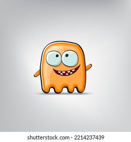 Funny cute smiling orange ghost monster isolated on grey background. Hand drawn cartoon ghost character with eyes and mouth , cute emoji. Halloween spirit element.