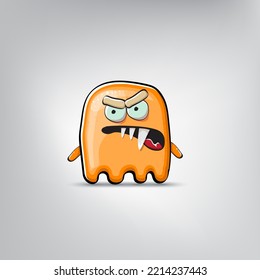 Funny cute smiling orange ghost monster isolated on grey background. Hand drawn cartoon ghost character with eyes and mouth , cute emoji. Halloween spirit element.