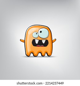 Funny cute smiling orange ghost monster isolated on grey background. Hand drawn cartoon ghost character with eyes and mouth , cute emoji. Halloween spirit element.