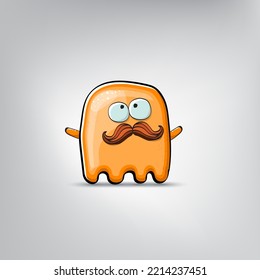 Funny cute smiling orange ghost monster isolated on grey background. Hand drawn cartoon ghost character with eyes and mouth , cute emoji. Halloween spirit element.
