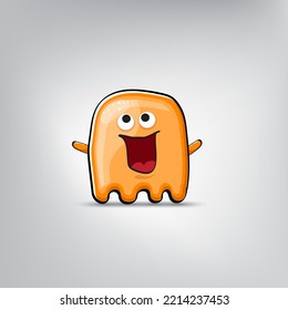 Funny cute smiling orange ghost monster isolated on grey background. Hand drawn cartoon ghost character with eyes and mouth , cute emoji. Halloween spirit element.