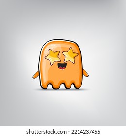 Funny cute smiling orange ghost monster isolated on grey background. Hand drawn cartoon ghost character with eyes and mouth , cute emoji. Halloween spirit element.