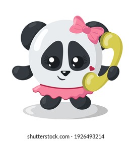 Funny cute smiling panda holding a phone. Colored isolated animal vector illustration in flat design with shadows	