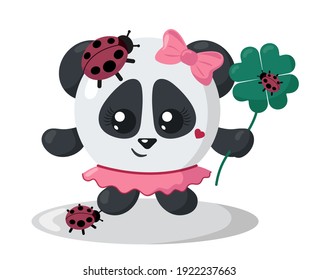 Funny cute smiling panda with round body and ladybugs holding four leaf good luck clover in flat design with shadows. Isolated animal vector illustration