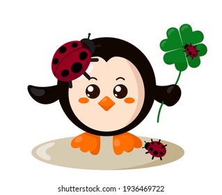 Funny cute smiling penguin with round body and ladybugs holding four leaf good luck clover in flat design with shadows. Isolated animal vector illustration	