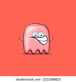 Funny cute smiling pink ghost monster isolated on pink background. Hand drawn cartoon pink ghost character with eyes and mouth , cute emoji. Funky Halloween spirit element.