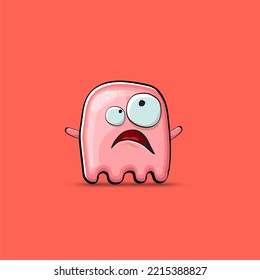 Funny cute smiling pink ghost monster isolated on pink background. Hand drawn cartoon pink ghost character with eyes and mouth , cute emoji. Funky Halloween spirit element.