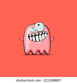 Funny cute smiling pink ghost monster isolated on pink background. Hand drawn cartoon pink ghost character with eyes and mouth , cute emoji. Funky Halloween spirit element.