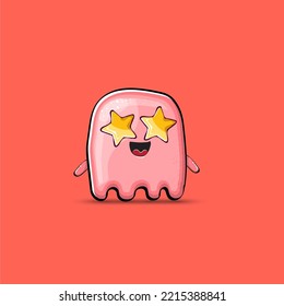 Funny cute smiling pink ghost monster isolated on pink background. Hand drawn cartoon pink ghost character with eyes and mouth , cute emoji. Funky Halloween spirit element.