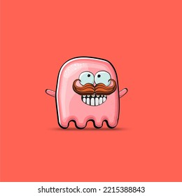 Funny cute smiling pink ghost monster isolated on pink background. Hand drawn cartoon pink ghost character with eyes and mouth , cute emoji. Funky Halloween spirit element.